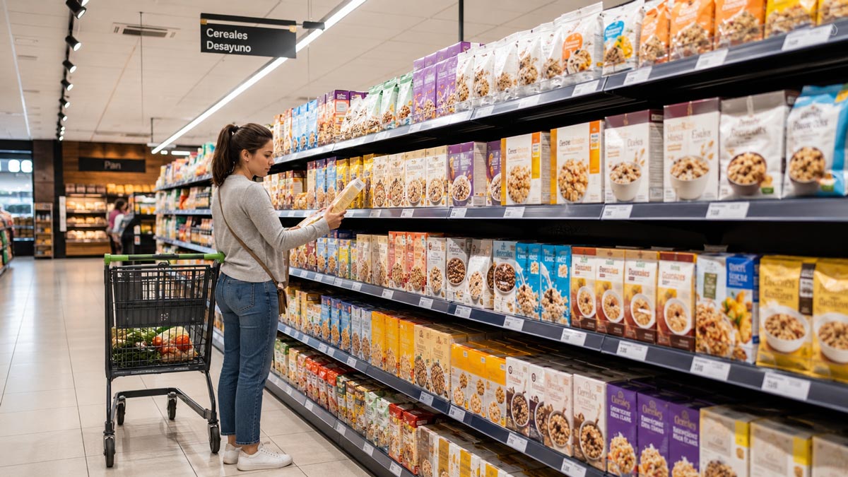 Clienta observando productos en el lineal de un supermercado dentro de la sección de cereales
