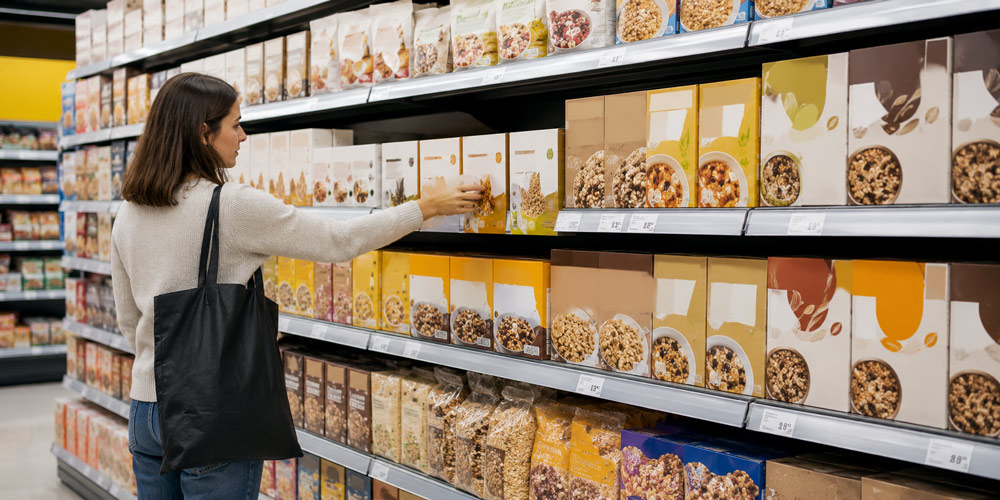 Clienta cogiendo una caja de cereales colocada en un lineal de supermercado a una altura accesible