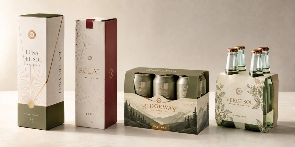 Estuches y agrupadores de cartón para vino, cerveza y bebidas premium