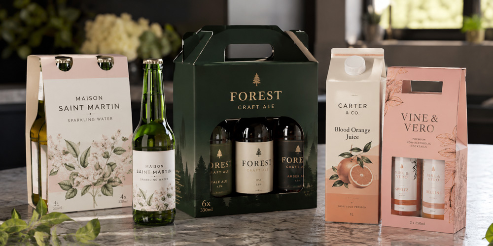 Packaging de cartón bien diseñado para cerveza, agua, zumo y bebidas listas para tomar
