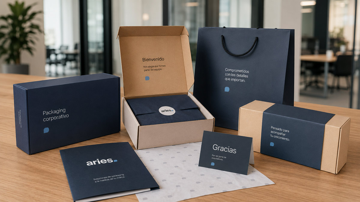Packaging corporativo con caja personalizada, bolsa, tarjeta y estuche sobre una mesa de oficina