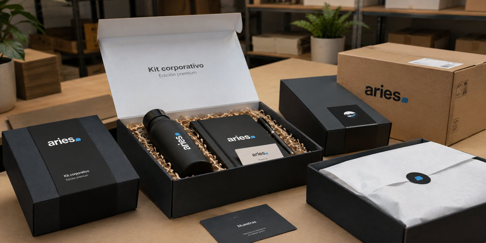 Preparación de un kit corporativo con caja reciclable, relleno de papel y materiales sostenibles