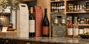 Packaging de cartón para bebidas con botellas de vino y refrescos en tienda gourmet