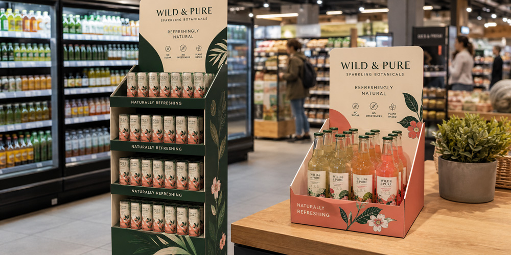 Expositores de cartón para bebidas naturales colocados en supermercado