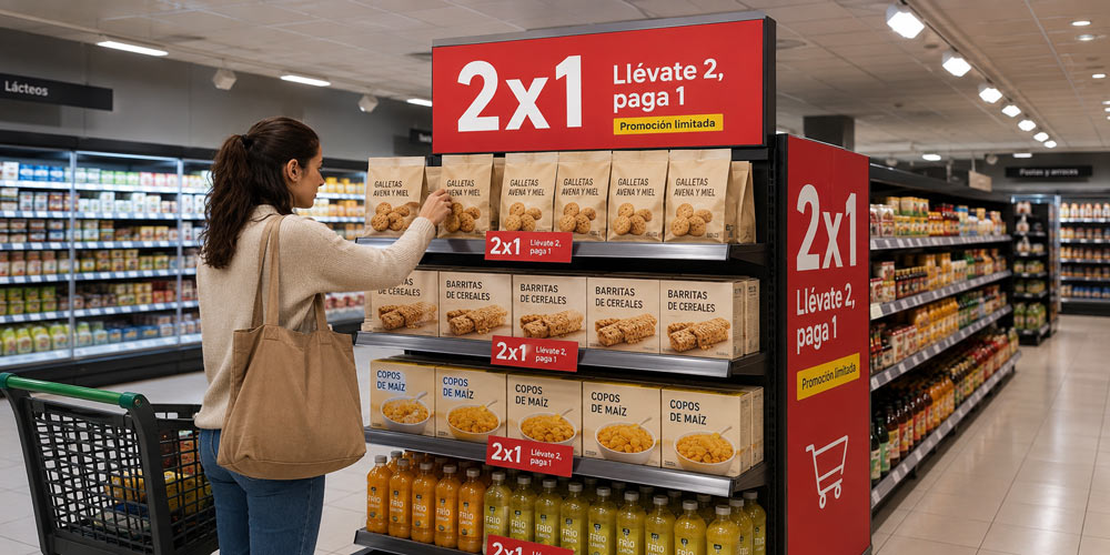 Cabecera de góndola con promoción 2x1 en supermercado y cliente cogiendo productos