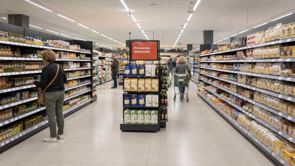Promoción destacada en un pasillo de supermercado con expositor central y lineales de productos