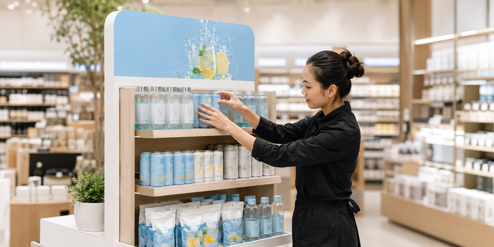 Empleada colocando productos en un expositor promocional azul dentro de una tienda