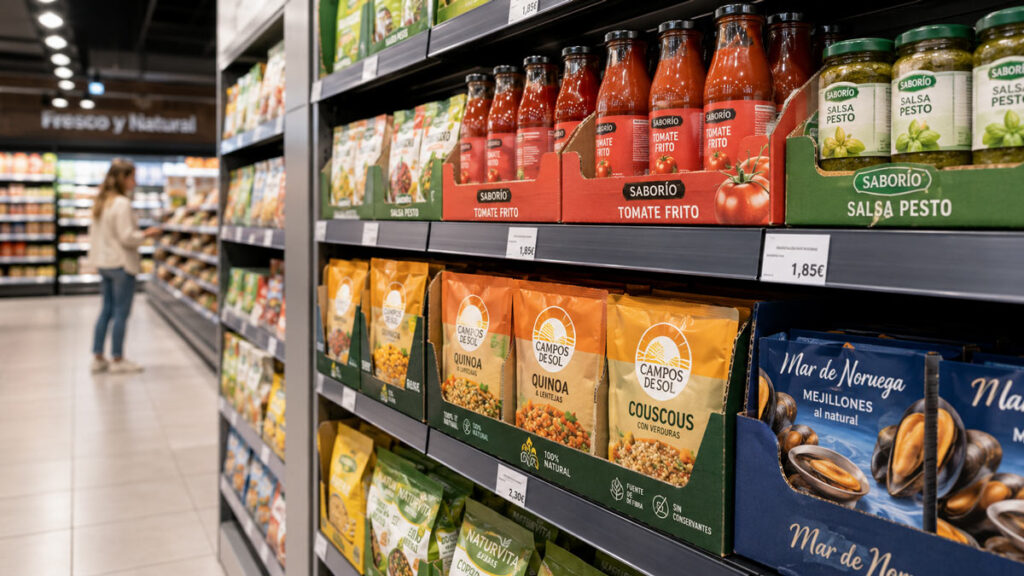 Shelf ready packaging en un lineal de supermercado con productos ordenados en bandejas impresas de marca