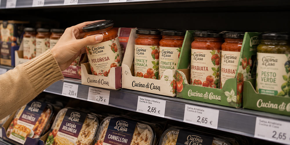 Cliente cogiendo una salsa de un lineal organizado con shelf ready packaging impreso y fácil acceso al producto