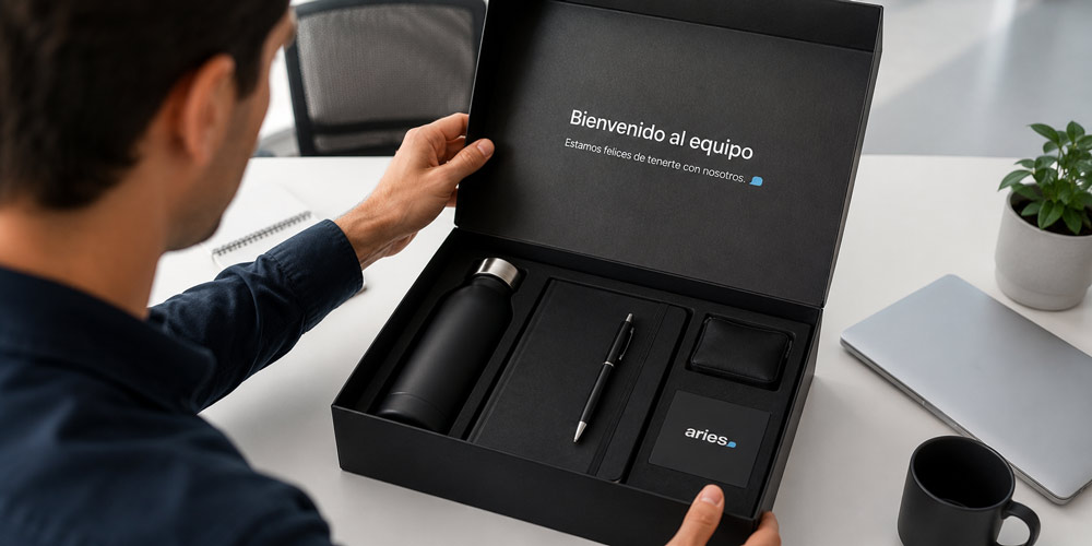 Persona abriendo un welcome pack corporativo con botella, libreta, tarjeta y accesorios ordenados en una caja premium
