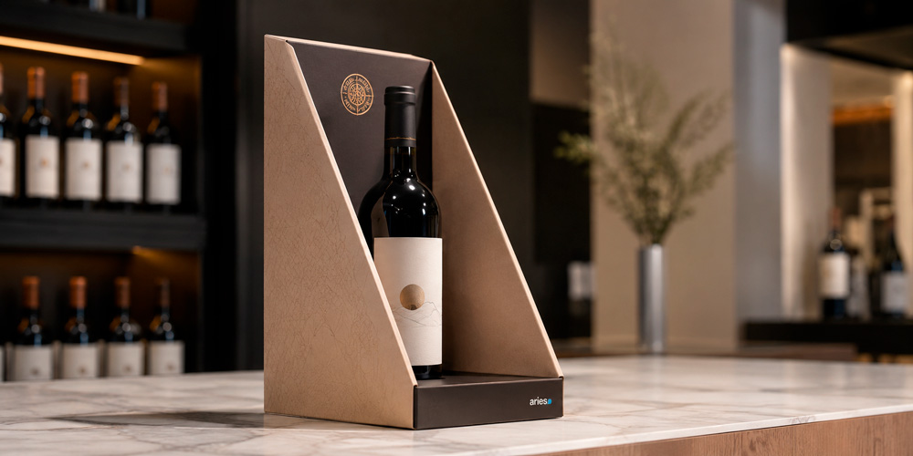 Expositor PLV para bebidas de cartón con una botella de vino en el punto de venta