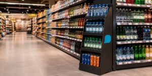 Expositor PLV para bebidas integrado en el lineal de un supermercado