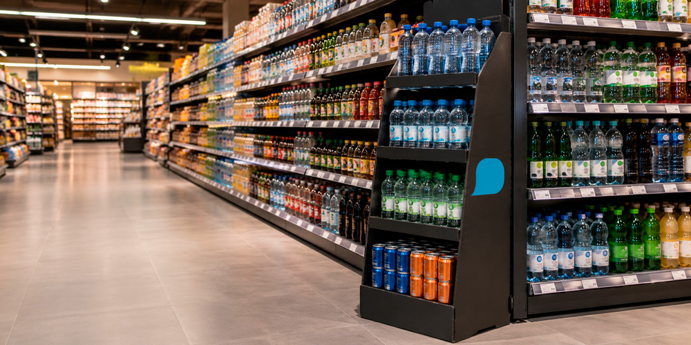 Expositor PLV para bebidas integrado en el lineal de un supermercado