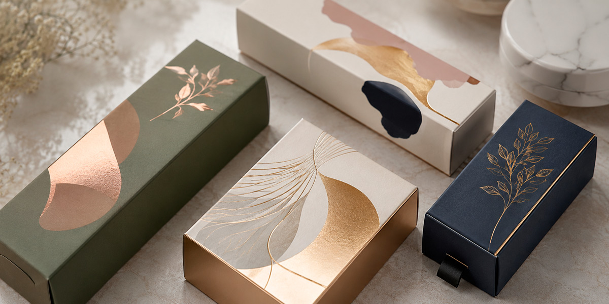 Ejemplos de cold foil packaging con acabados dorados, cobres y metálicos sobre diferentes diseños