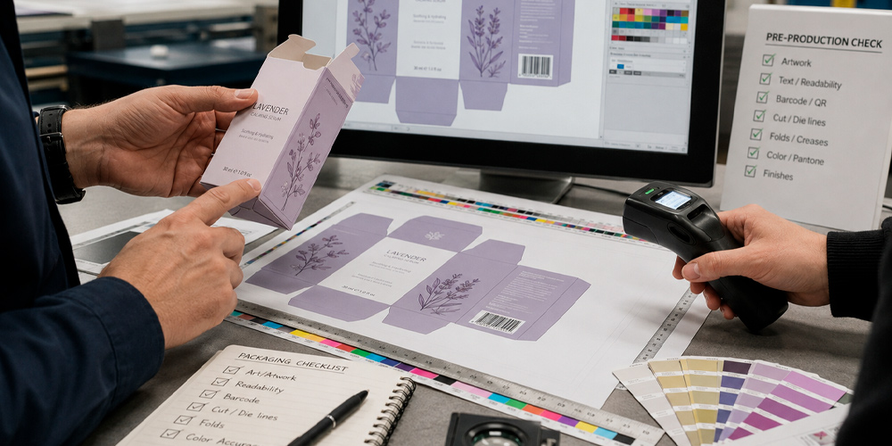 Control de calidad del packaging de marca con maqueta, código de barras y pruebas de color