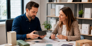 Equipo revisando propuestas de packaging de marca, formatos y paletas de color sobre una mesa