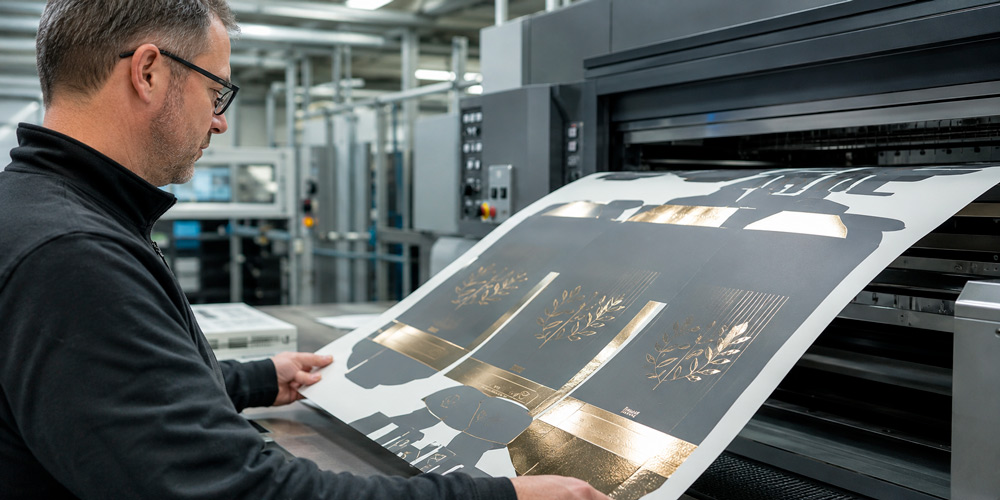 Operario revisando una impresión de packaging con acabado metálico cold foil