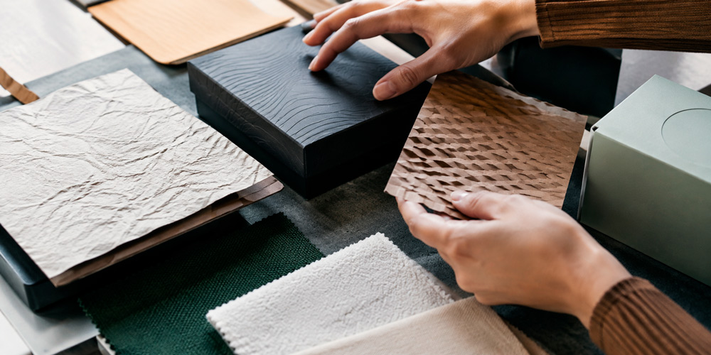 Cliente comparando diferentes texturas y materiales mediante el tacto