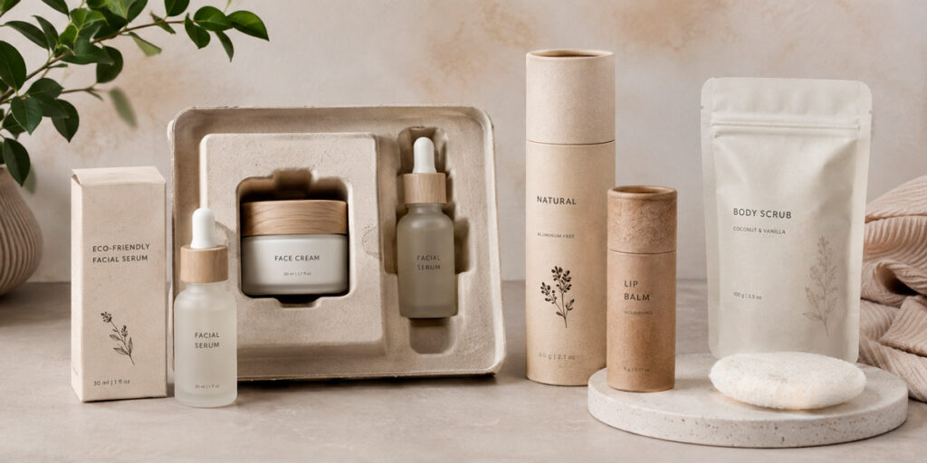 Ejemplo de packaging biodegradable para cosmética con bandeja moldeada, tubo y envases sostenibles