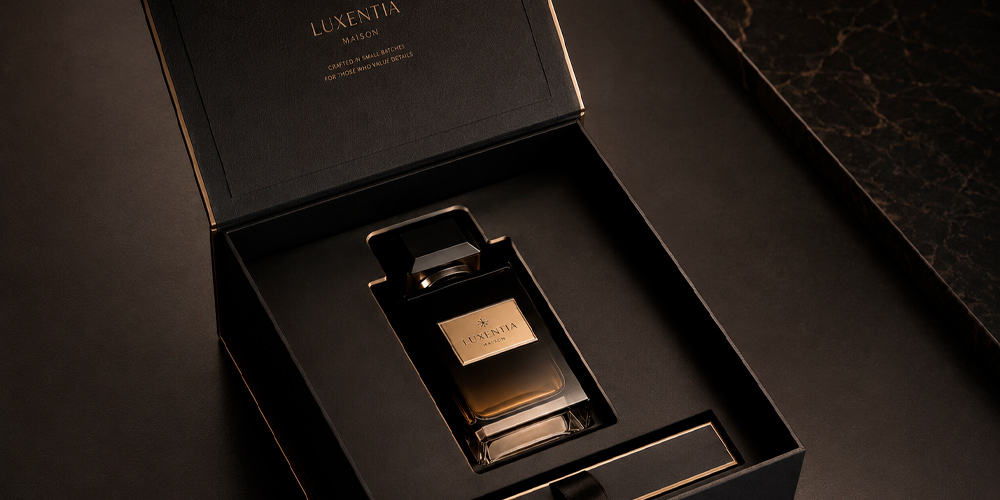 Packaging de marca de lujo con caja rígida negra, detalles dorados y frasco de perfume