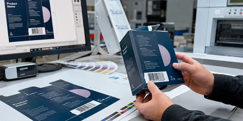 Revisión de packaging de marca junto a pruebas de color y troquel antes de producción