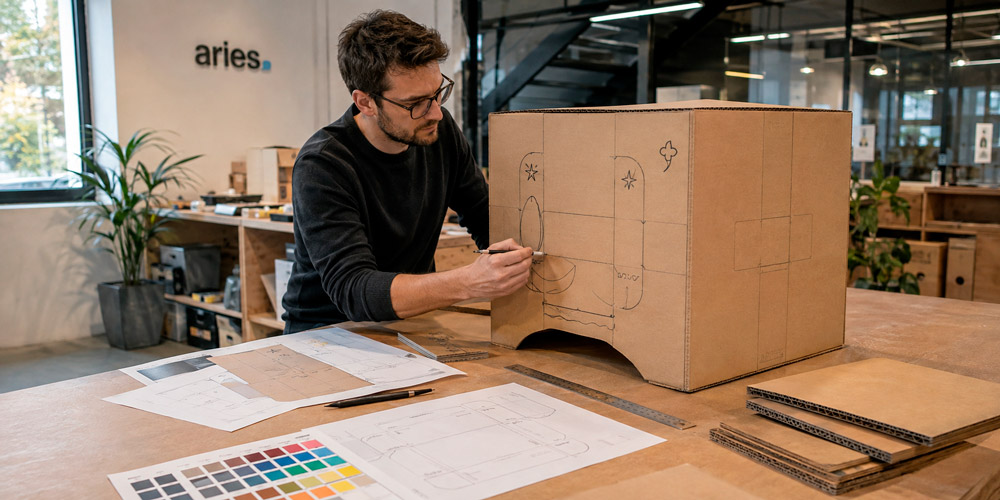 Troquel y prototipo de cubo publicitario durante la fase de diseño y preparación para impresión