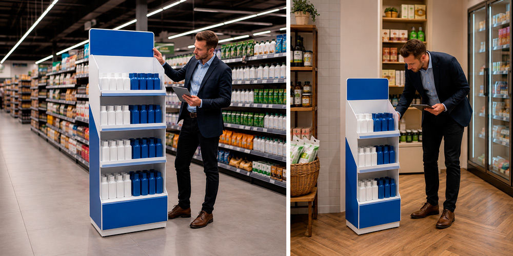 Dos versiones de un expositor PLV adaptadas a un supermercado grande y una tienda de menor tamaño