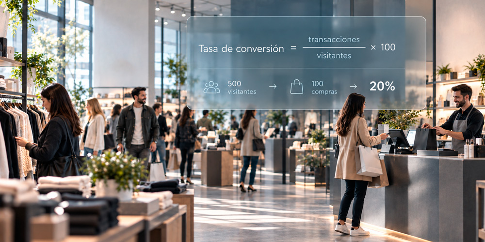 Tasa de conversión retail calculada con 500 visitantes, 100 compras y un resultado del 20%