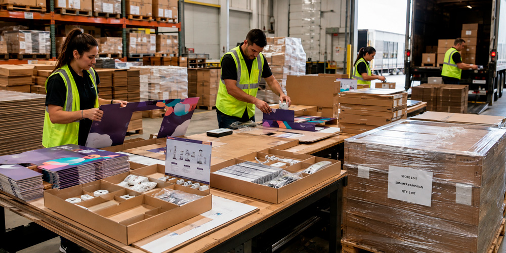 Equipo preparando kits de materiales PLV para su envío a diferentes establecimientos