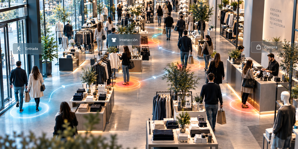 Recorrido del cliente en tienda desde la entrada y la interacción con productos hasta la compra