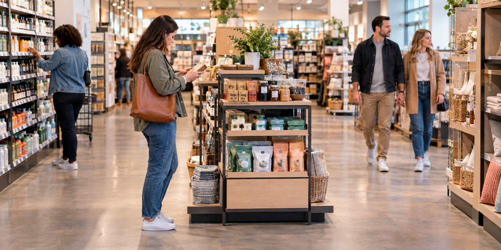 Clientes recorriendo una tienda y observando productos para analizar el tráfico en retail